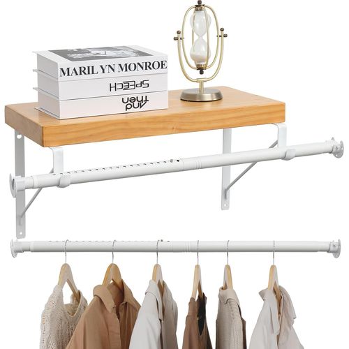 Ytseazn-Tringle À Vêtements Extensible Avec Équerre Pour Charges Lourdes,40 À 248cm,Avec Support D'étagère Pour Montage Mural,Tringle À Vêtements Blanche Avec Support D'étagère Pour Garde-Robe