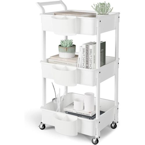 Ytseazn-De Cuisine 3 Étages,Chariot De Service Utility Cart Avec Roulettes,Avec 3 Étagères À Roulettes,Chariot Polyvalent Pour Cuisine Make-Up Salle De Bain Bureau,Blanc