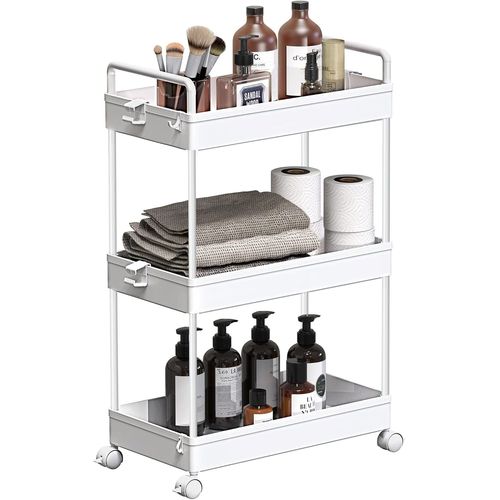 ytseazn-Chariot De Rangement À 3 Niveaux Chariot Utilitaire À Roulettes Organisateur D'Étagères De Rangement Mobile Pour Cuisine,Salle De Bain,Buanderie,Endroits Étroits,Plastique,Blanc