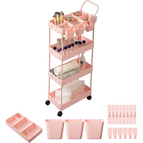 ytseazn-Chariot De Rangement Étroit À 4 Étages Pour Salle De Bain Panier À Linge Étroit Avec Roues,Séparateurs,Sacs Suspendus,Crochets,Poignée,Maquillage,Chariot À Cils Étagère Rose