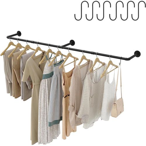 Ytseazn-Tringle À Vêtements Industrielle 180cm Montage Mural Amovible En Métal Rétro Pour Suspendre Des Vêtements Avec Crochets Porte-Vêtements Pour Le Mur Étagère Murale Étagère