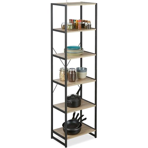 Ytseazn-Pieds,Design Industriel,Etagère Livres 6 Niveaux,Hlp:180x50x35cm,Chêne/Métal,Marron,180x50x35cm