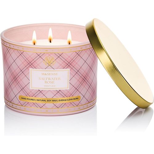 Ytseazn-Bougie Parfumées Rose D'eau Salée|Bougie Parfumée Avec 3 Mèches|330g Scented Candle Naturelle De Soja|65 Heures De Combustion|À Damier Parfumée Cadeau