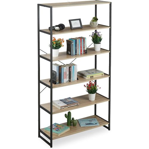 Ytseazn-Étagère Sur Pieds,Design Industriel,Haute Étagère Livres 6 Niveaux,Hlp:180x95x35cm,Chêne/Métal,Marron