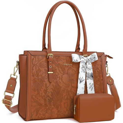 Sac Ordinateur Femme 17-17,3 Pouces,Sac Fourre-Tout En Cuir Pu Compatible Avec Macbook, ,Dell,Asus,Sac Pc Portable Rétro Hibiscus Gaufré Avec Écharpe Soie&Pochette,Marron[POR5245205]