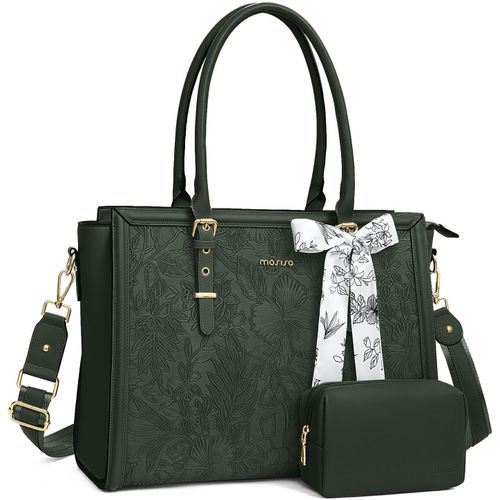 Sac Ordinateur Femme 17-17,3 Pouces,Sac Fourre-Tout En Cuir Pu Compatible Avec Macbook, ,Dell,Asus,Sac Pc Portable Rétro Hibiscus Gaufré Avec Écharpe Soie&Pochette,Vert Émeraude[POR5245201]