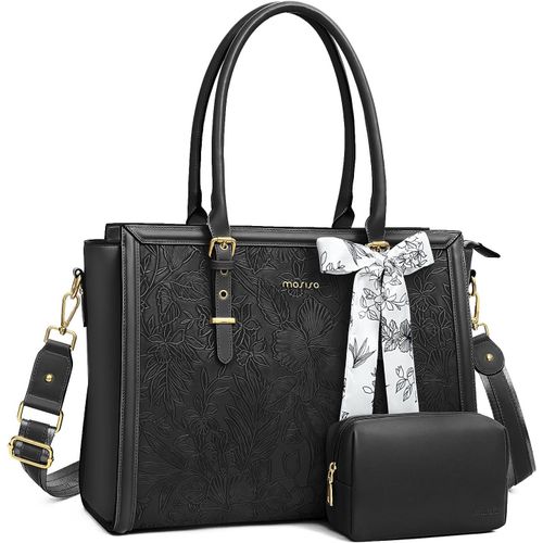 Sac Ordinateur Femme 17-17,3 Pouces,Sac Fourre-Tout En Cuir Pu Compatible Avec Macbook, ,Dell,Asus,Sac Pc Portable Rétro Hibiscus Gaufré Avec Écharpe Soie&Pochette,Noir[POR5245208]