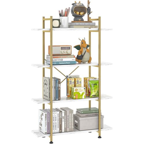 Ytseazn-Étagère À Livres Sur Pied,Étagère De Bureau,Étagère Industrielle,Étagère De Salon,Bibliothèque À 4 Étages,Pour Salon,Chambre À Coucher,Bureau,Design Industriel,Blanc/Doré