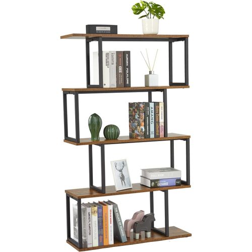 Ytseazn-Bibliothèque En Forme De S,Étagère De Rangement,Bibliothèque À 4 Niveaux,Style Industriel,Avec Cadre En Métal,76x24x128cm,Pour Salon,Bureau,Chambre À Coucher,Marron