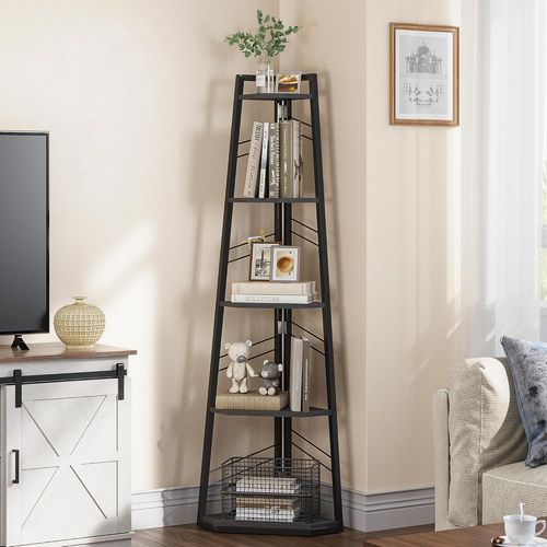 Ytseazn-Étagère D'angle Ouverte À 5 Niveaux,Style Industriel Et Moderne,Autoportante En Bois Pour Salon,Couloir,Bureau À Domicile Noir