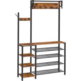 Ytseazn-Porte-Manteau,Portemanteau Avec Étagère À Chaussures,Vestiaire 3-En-1,Étagère À Chaussures D¿Entrée Avec Crochets En S,Étagère Latérale Réversible,Marron Rustique Et Noir Ebf105mt01