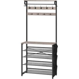 Ytseazn-Arbre D'entrée Avec Banc,Porte-Manteau D'entrée Avec Étagère À Chaussures,Organiseur De Chaussures À 5 Niveaux,Poches Latérales En Tissu Oxford,Étagères En Maille Réglables,Gris Bg75mt01