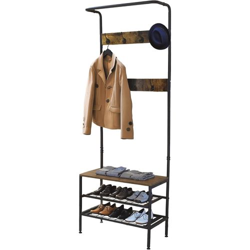 Ytseazn-Porte-Manteau Avec Étagère À Chaussures Lukïen|Meuble D'entrée Avec Banc De Style Industriel|183x66x32,5 Cm|Métal Et Bois|Noir Et Marron|Meuble De Couloir Ou D'entrée