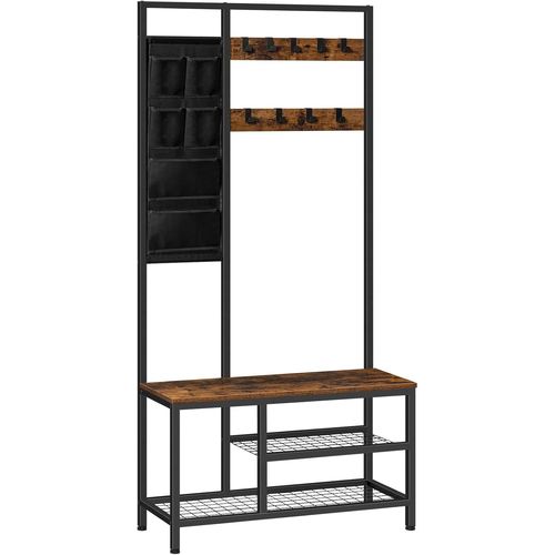 Ytseazn-Grand Portemanteau,Vestiaire,Meuble D¿Entrée Avec 6 Pochettes De Rangement Et 9 Crochets Amovibles,Étagère À Chaussures À 3 Niveaux,80 X 30 X 180 Cm,Marron Rustique Et Noir Ebf24mt01