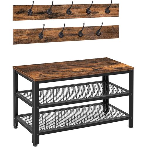 Ytseazn-Porte-Manteau Avec Banc,Vestiaire,Meuble D'entrée,Portemanteau Avec 9 Crochets,Banc Et Étagère À Chaussures,Cadre En Métal,Industrie,Pour Couloir,Entrée,Marron Foncé-Noir Ebf17mt01