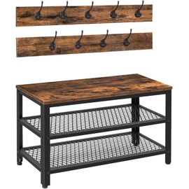 Ytseazn-Porte-Manteau Avec Banc,Vestiaire,Meuble D'entrée,Portemanteau Avec 9 Crochets,Banc Et Étagère À Chaussures,Cadre En Métal,Industrie,Pour Couloir,Entrée,Marron Foncé-Noir Ebf17mt01