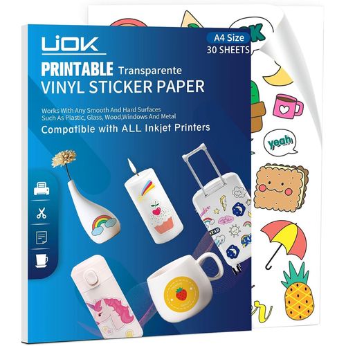 CLICKSELL-Papier Autocollant Imprimante, Papier Autocollan Transparent 30 Feuilles Papier Stickers Imprimante, Papier Vinyle Adhesif Feuilles Autocollant Imprimante A4 Pour Imprimantes Jet D'Encre