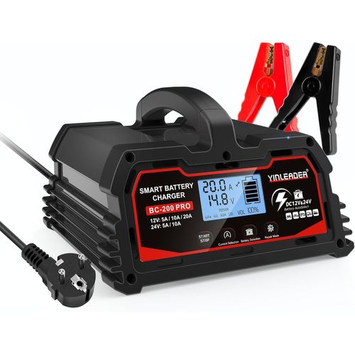 Clicksell-Chargeur De Batterie Intelligent 20a 12v/24v 10a/5a, Chargeur De Voiture Lcd, Mainteneur De Batterie Pour Agm, Gel 12v Lifepo4-Noir