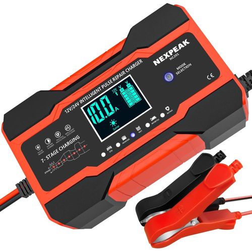 Clicksell-10a Chargeur De Batterie Voiture, 10a 12v/5a 24v Chargeur De Batterie Intelligent Recharge Batterie Voiture, Mainteneur De Chargeur Batterie, Avec Écran Lcd Pour Moto Camion/Agm/Gel/Wet/Sla