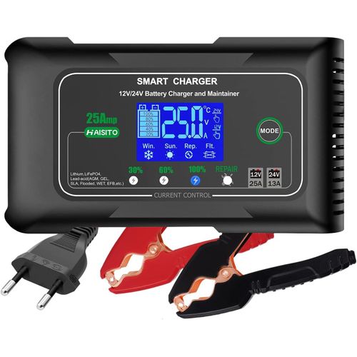 CLICKSELL-Chargeur Batterie Voiture 12V/24V 25A, Chargeur Batterie Auto Et Moto Rapide Intelligent, Portable Chargeur Et Mainteneur De Batterie Lithium, Lifepo4, Plomb(Agm, Efb, Gel, Mf, Vrla, Etc.)