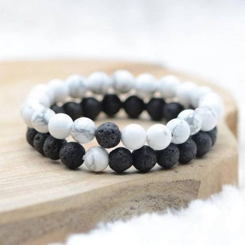 Duo De Bracelets "Amour Et Distance" En Howlite Et Pierre De Lave, "Les Pierres Du Bien-Être"