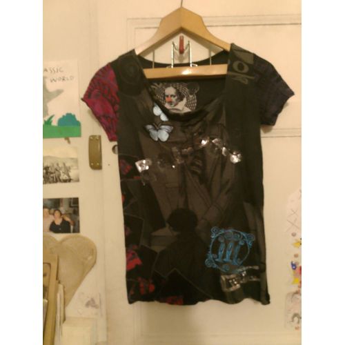 Tee-Shirt Noir Motifs Colorés Col Pendant 38 M Desigual.
