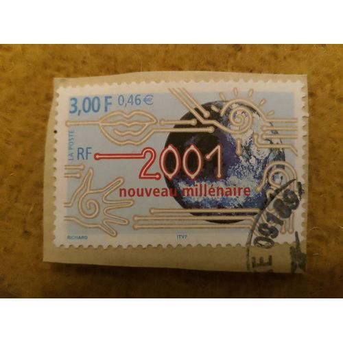 Timbre Oblitéré Rf 3,00 2001 Nouveau Millénaire Coloré.