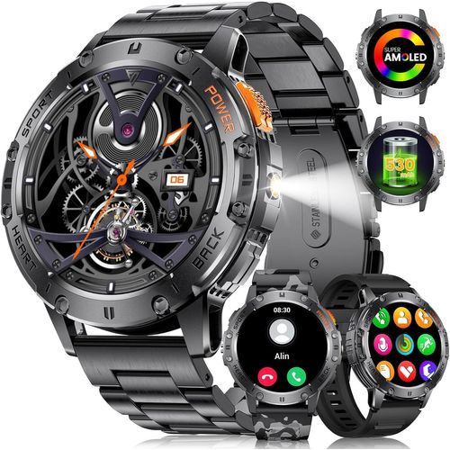 Kgabery-Montre Connectée Homme(3 Bracelets),530mah,5atm Étanche,1.43"" Amoled Montre Tactile Connecté Militaire Avec Torche Led Moniteur Fréquence Cardiaque Podomètre Fitness Tracker Pour Ios Android