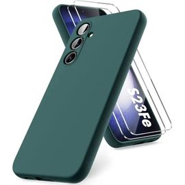 Coque Pour Samsung Galaxy S23 Fe + 2 Verres Trempé - Etui Housse Silicone Vert Foncé Vitre Protection Ecran Verre Trempé