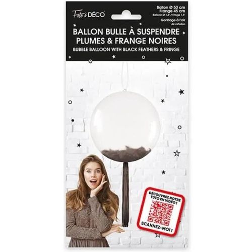 1 Ballon bulle transparent avec plumes et franges noir REF/BALBPN