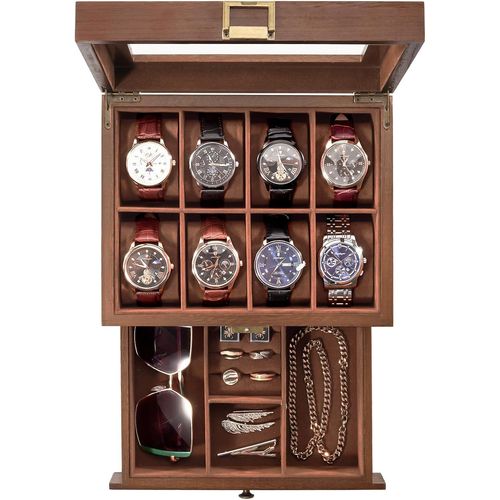 Kgabery-Boite Montre Homme En Bois,Coffret Montre À 2 Niveaux,Rangement Montre Avec 8 Emplacements 1 Tiroir -Original