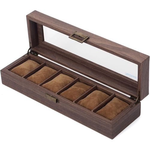 Kgabery-Ecrin Pour 6 Montres/Présentoir/Boîte/Rangement Pour Montres En Pu Et Verre Motif Bois