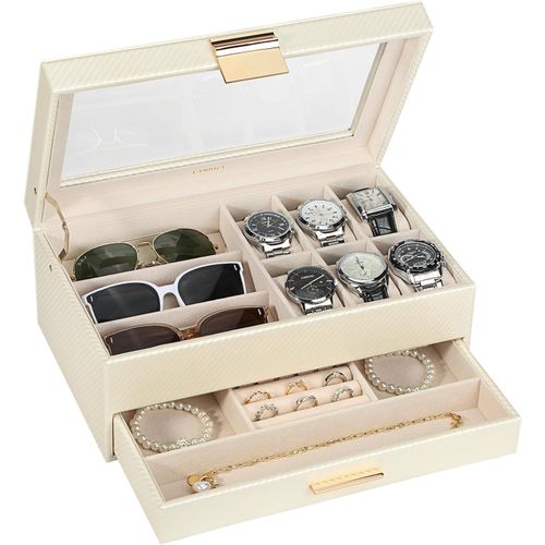 Kgabery-Boîte À Montres Avec 6 Emplacements Et 2 Couches Avec Couvercle En Verre Pour Homme Et Femme,Étui De Rangement Pour Montres En Cuir Synthétique,Boîte À Bijoux Pour Lunettes De Soleil,