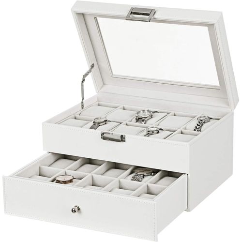 Kgabery-Boite A Montre Organisateur À 20 Emplacements,Coffret À Montres Hommes,Presentoir Montre Charnière En Métal Cuir Pu Blanc Haut En Verre,Rangement Montre,Coffret Montre Homme,Blanc,Essh04w