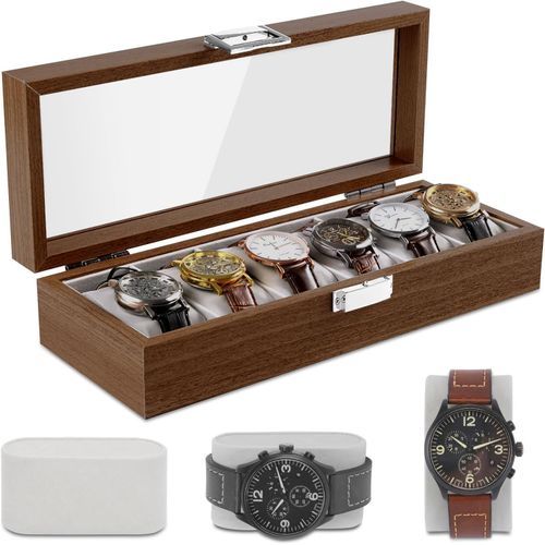 Kgabery-Boîte À Montres En Bois Boîte De Rangement Pour Montres,Coffret À Montres Pour 6 Montres,Écrin À Montres Avec Fenêtre En Verre Et Coussin En Velours,Rangement De Montres Pour Hommes Et Femmes