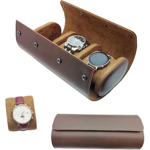 Kgabery-Étui De Montre À 3 Emplacements Pour Montre-Rouleau De Voyage-En Cuir Synthétique-Style Rétro-Avec Coussin Amovible-Marron