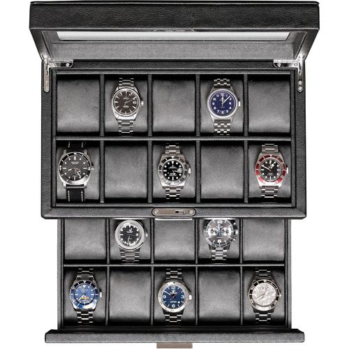 Kgabery-Boîte À Montres En Cuir À 20 Fentes,Ecrins Pour Montres,Organisateur De Bijoux Pour Montres De Luxe,Présentoir De Montres Verrouillable Avec Grand Plateau En Verre Véritable (Noir/Gris)