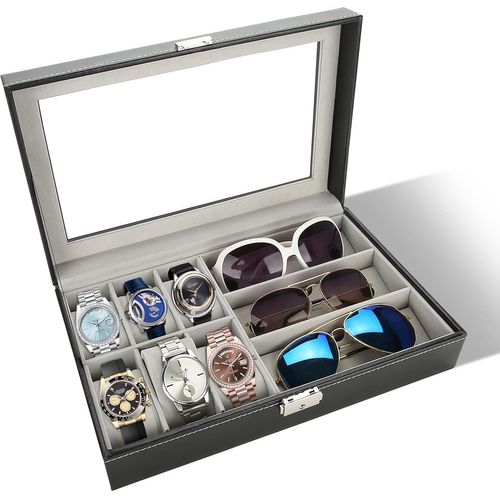 Kgabery-Ecrins Pour Montres Boîte À Montres Boîte De Rangement Pour Lunettes Montre Boîte De Rangement En Cuir Pu 3 Grilles Pour Lunettes 6 Grilles Pour Montres Couvercle En Verre Transparent 33x20x8