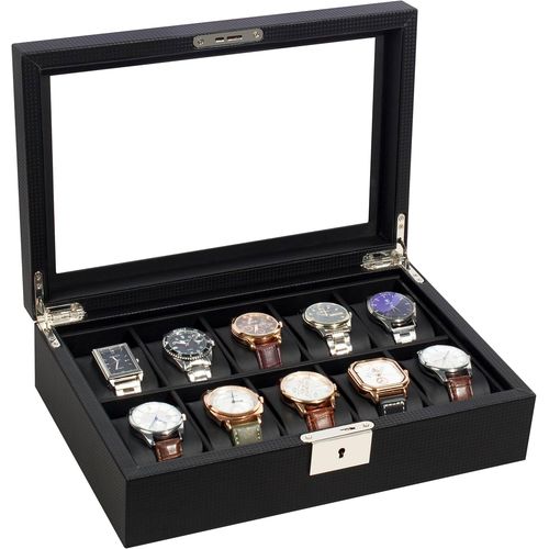 Kgabery-Bdj108black Boîte À Montres 10 Compartiments De Rangement En Cuir Synthétique Avec Verre Et Serrure Pour Montre Homme Et Femme Noir