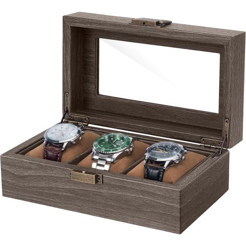 Kgabery-Boîte À Montres Bois À 3 Grille Compartiments,Cuir Grain De Bois Vitrine De Montres Écrin À Montres Rangement Pour Hommes Boîte Avec Couvercle En Verre Coussinets Montres (20 * 12 * 8.5cm)