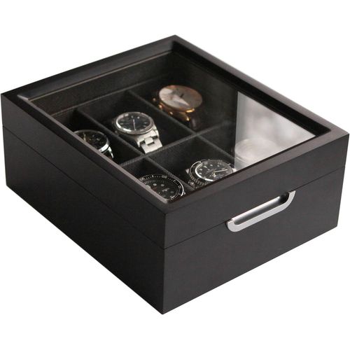 Kgabery-Boîte À Montres En Bois Massif,Coffret Montres Homme/Femme,Boite De Rangement Pour Montres 2x3,Organisateur Avec Couvercle En Verre Et 6 Compartiments (Noire)
