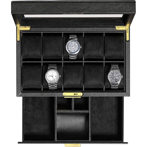 Kgabery-Boîte À Montres À 10 Fentes Avec Tiroir Valet-Ecrins Pour Montres De Luxe,Doublure En Microsuède Ultra Douce,Porte-Bijoux Verrouillable Avec Dessus En Verre (Noir/Noir)