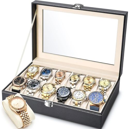 Kgabery-Boîte À Montres Avec 12 Compartiments,Ecrin Pour Montres Verrouillable Avec Couvercle En Verre,Coffret/Présentoir À Montres Avec Coussins Détachables,Cuir Pu,Doublure En Velours,30x20x8cm