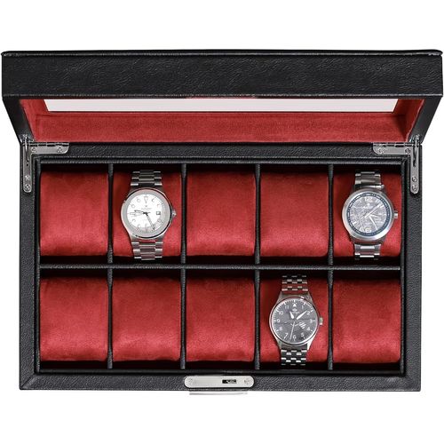 Kgabery-Boîte À Montres En Cuir À 10 Emplacements¿Ecrins Pour Montres De Luxe Avec Doublure En Microsuède Ultra Douce,Support Verrouillable Avec Grand Plateau En Verre (Noir/Rouge)