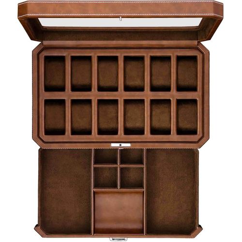 Kgabery-12 Fente En Cuir Coffret Avec Valet Tiroir-Montre De Luxe Case Organisateur Affichage,Microsuède Liner,Boîtes De Rangement Porte-Hommes Grand Verre Top Ecrins Pour Montres (Marron)