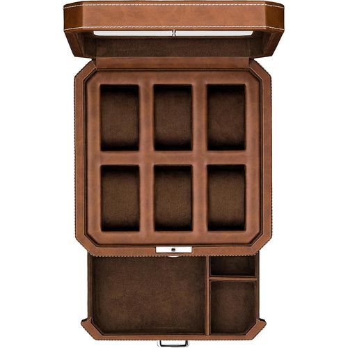 Kgabery-6 Fente En Cuir Coffret Avec Valet Tiroir-Montre De Luxe Case Organisateur Affichage,Microsuède Liner,Boîtes De Rangement Holder Hommes Grand Verre Top Ecrins Pour Montres (Tan/Brown)