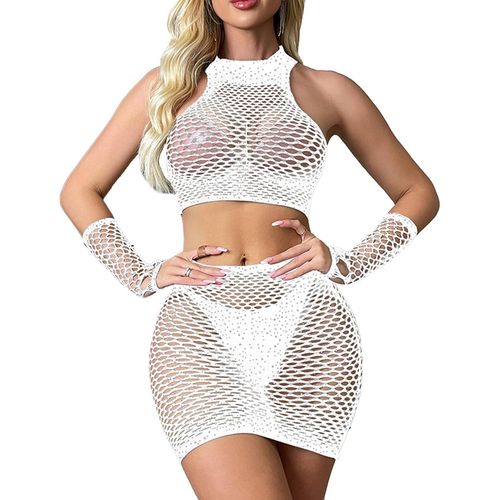 Kgabery-Ensemble Lingerie Résille Femme Lingerie En Maille Nuisette Résille Mini Robe Avec Manchettes Fishnet Lingerie Ensemble Taille Unique