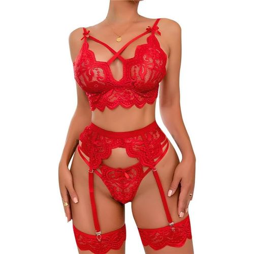 Kgabery-Sexy Femme Ensemble Lingerie 3 Pièces Avec Porte Jarretelles Taille Haute Dentelle Florale Soutien-Gorge Et Culotte Col En V Nuisettes Babydoll Dentelle Erotique Pyjamas Justaucorps
