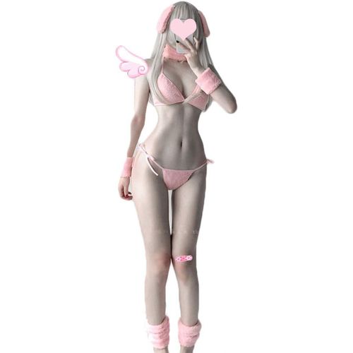 Kgabery-Ensemble De Lingerie Sexy Pour Femme-Lapin À Fourrure-Cosplay-Anime Japonais-Micro Bikini Rose-Soutien-Gorge Et Culotte Lolita-Sous-Vêtements,Rose,Taille Unique