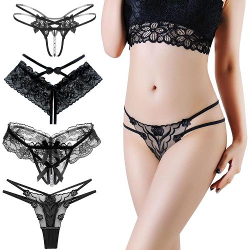 Kgabery-4 Pièces Strings Femme Sexy Chic Hot Tanga Dentelle Creux Out Culottes Érotique Slip Thongs Bikini Broderie Faible String Taille Fleurs Sous-Vêtements En Perspective Taille Unique
